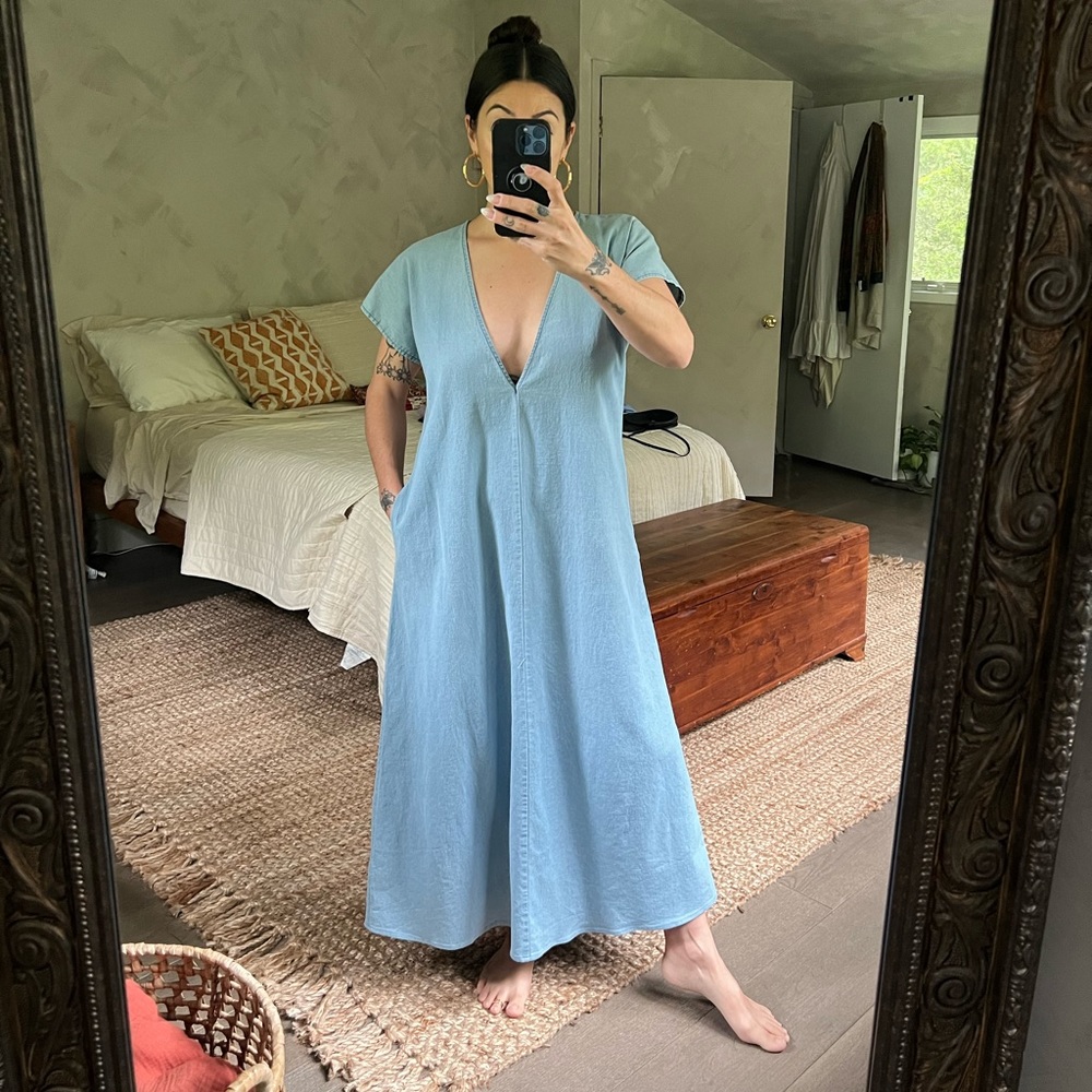 Minimalist Deep V Denim Dress with Pockets